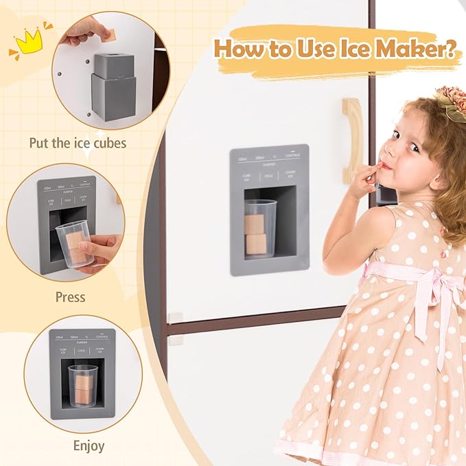 Costzon Corner Kids Kitchen Playset, Wooden Play Kitchen with Sounds & Lights, Washing Machine, Ice Maker, Microwave, Oven, Sink & Faucet, Pretend Toy Kitchen Set for Toddler, Gift for Boys Girls