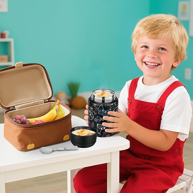 Soup Thermo for Hot Food Kids 16oz Insulated Food Jar Leakproof Thermo Lunch Container for Kids Wide-Mouth Stainless Steel Lunch Box for School with Handle Folding Spoon(3+)