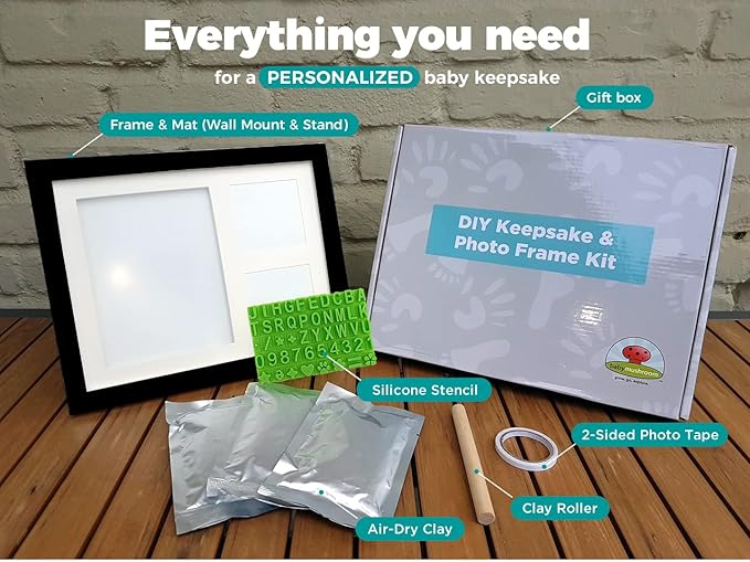 Baby Hand & Footprint Clay Keepsake Photo Frame Kit - w/Silicone Stencil for a Personalized Gift. Wood Frame, Wall/Table Mount. Perfect Registry, Baby Shower, New Mom, Birthday & Newborn Gift - Black