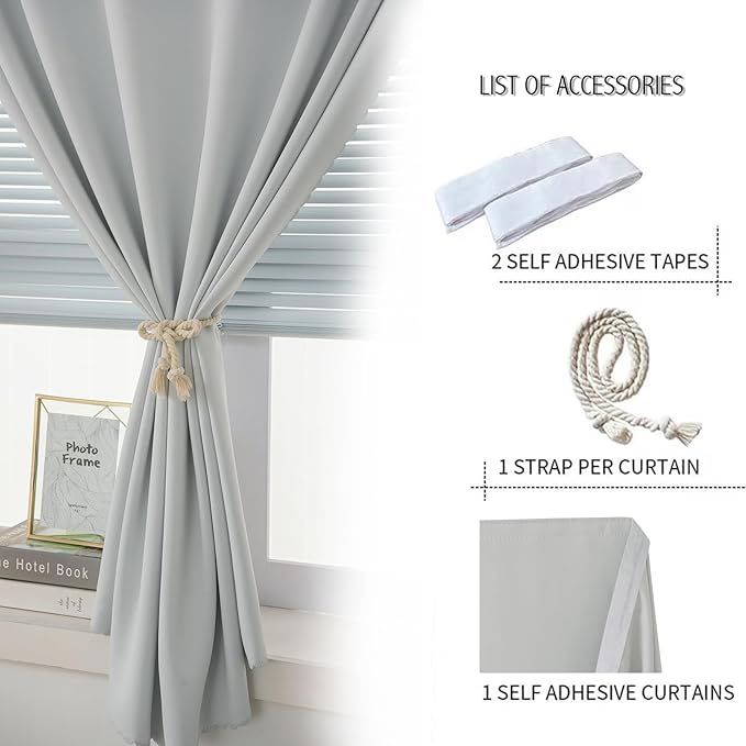 self Adhesive Curtains Portable Blackout Curtain Simple and Easy to Install Bedroom Window Thermal Lnsulated Kitchen Room Darkening Black Small Drapes, 35" W X 79" L, White, 1 Panel