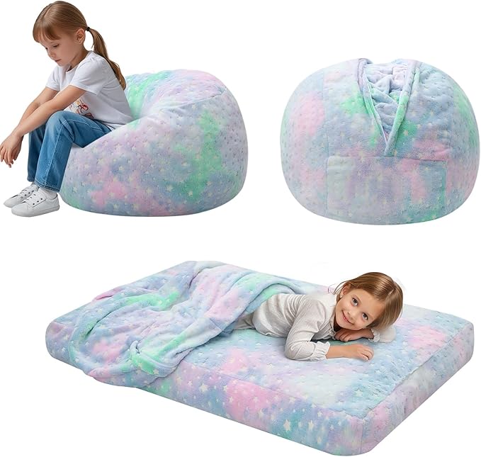 COMAX Kids Bean Bag Chair Turn into Beanbag Bed, Unicorn Toddler Bean Chair for Girl Boy Sleeping, Lazy Children Sofa Couch with Filler, Convertible Child Floor Mattress, Colorful Star