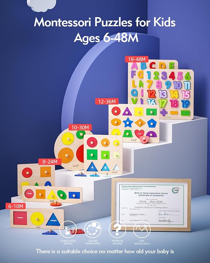 Montessori Shape Puzzle - Colorful Sorting Pieces for Toddlers 1-3 Years & 6-12-18 Months Developmental Toys