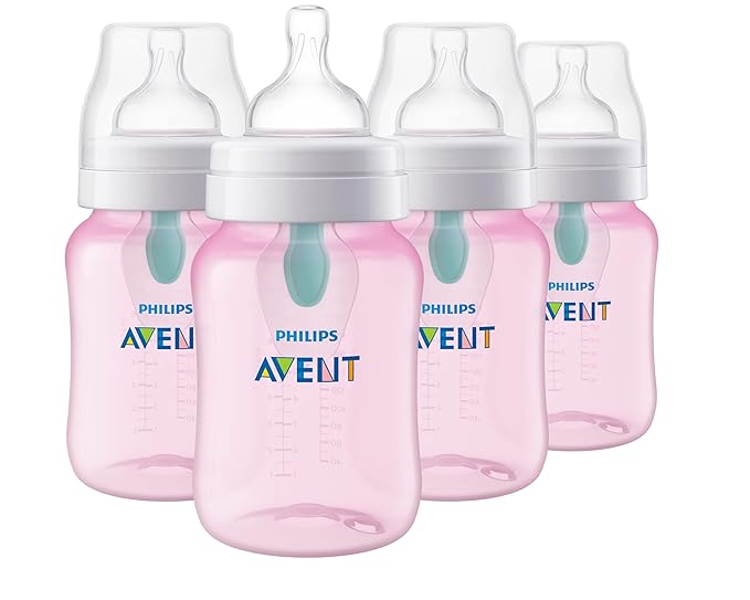Philips Avent Anti-Colic Baby Bottle with AirFree Vent, 9oz, with Flow 2 Nipples, 1m+, 4pk, Pink, SCY703/14