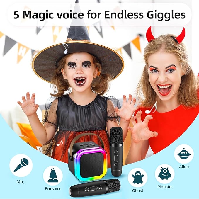 Kinglucky Mini Karaoke Machine for Kids, 2025 TOP Birthday Gifts Ideas for 3-12 Year Old Girls, Christmas Party Gifts Kids' Personal Video Players Accessories with 2 Wireless Microphones - Black