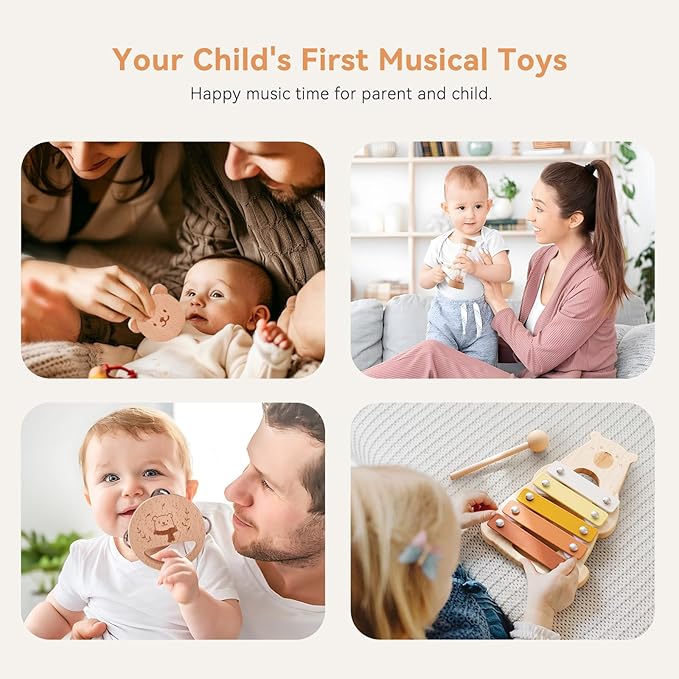 IEATFO Baby Musical Instruments - Your Child's First Musical Toys with Castanet Rainmaker Tambourine Xylophone - Baby Friendly Design Wooden Instruments Set Grow with Your Boys and Girls