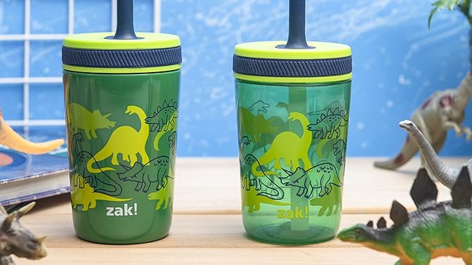 Zak Designs Dino Camo Kelso Tumbler 3pc Set, Leak-Proof Screw-On Lid with Straw, Bundle for Kids Includes Plastic and Stainless Steel Cups with Additional Sipper, 15 fluid ounces