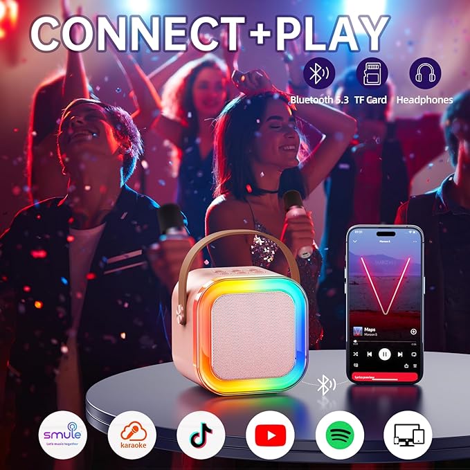 Kinglucky Mini Karaoke Machine for Kids, 2025 TOP Birthday Gifts Ideas for 3-12 Year Old Girls, Christmas Party Gifts Kids' Personal Video Players Accessories with 2 Wireless Microphones - Rose Gold