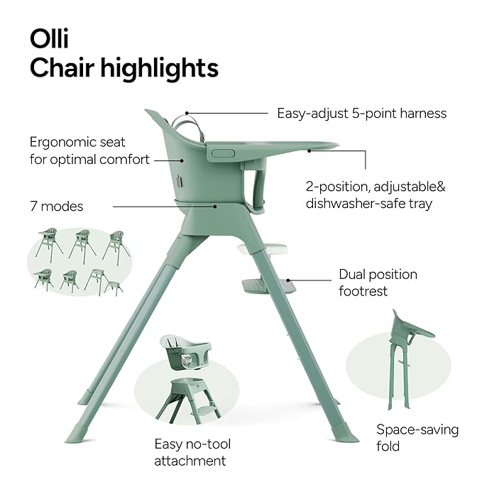Mompush Olli 7-in-1 Convertible High Chair for Babies and Toddlers – Adjustable Height & Footrest, Dishwasher-Safe Tray, Compact Foldable Design for Easy Storage & Travel, Lightweight Yet Durable