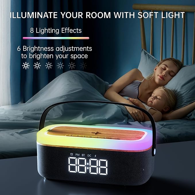 LOVME Alarm Clock Bluetooth Speaker for Bedroom, Bluetooth Stereo Sound Speaker, Fast 15W Wireless Charger, Dimmer, Night Light for Heavy Sleepers, Gift Set, Bedside(Black)