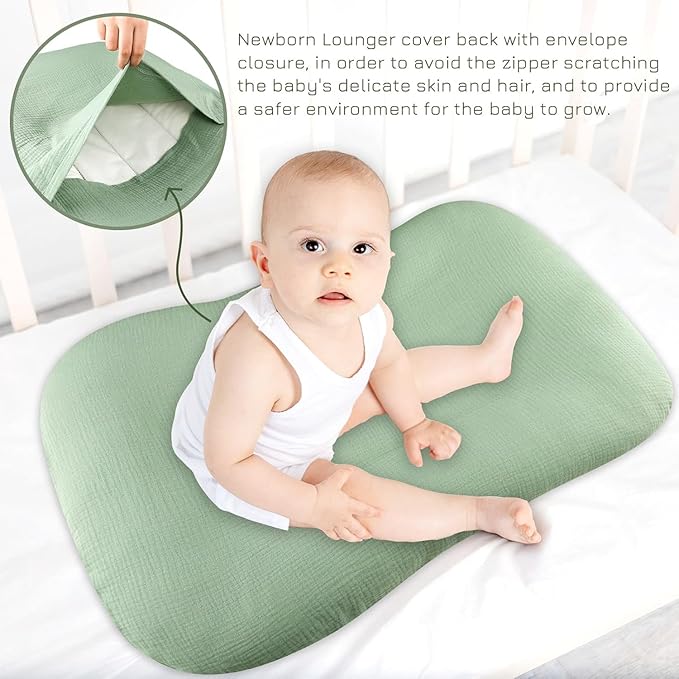 Hooyax Muslin Baby Lounger Cover, 100% Cotton Durable Newborn Lounger Cover, Soft and Breathable Infant Lounger Cover for Boys Girls, Covers Only (Green)