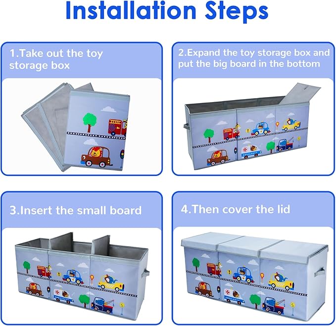 Toy Box Chest for Kids, Collapsible Oxford Toy Storage Box with Handles for Boys, Extra Large Sturdy Waterproof Toy Organiser for Bedroom Playroom, 37.7×12.5×15.7 Inch (Animal Cars)