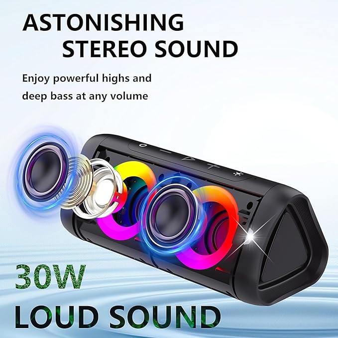 DONOW Portable Bluetooth Speaker with Lights, 30W Stereo Sound, Bass Boost, IPX5 Waterproof, 20H Playtime, Built-in Mic, Speakers Bluetooth Wireless for Home, Party, Outdoor, Travel(Black)