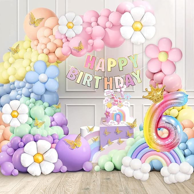 Pastel Balloons 219Pcs Daisy Balloon Garland Kit, 18 10 5 Inch Pastel Rainbow Balloons Arch, Birthday Decorations for Girls, Number 6 Balloons Daisy Balloons for Birthday Party Decorations