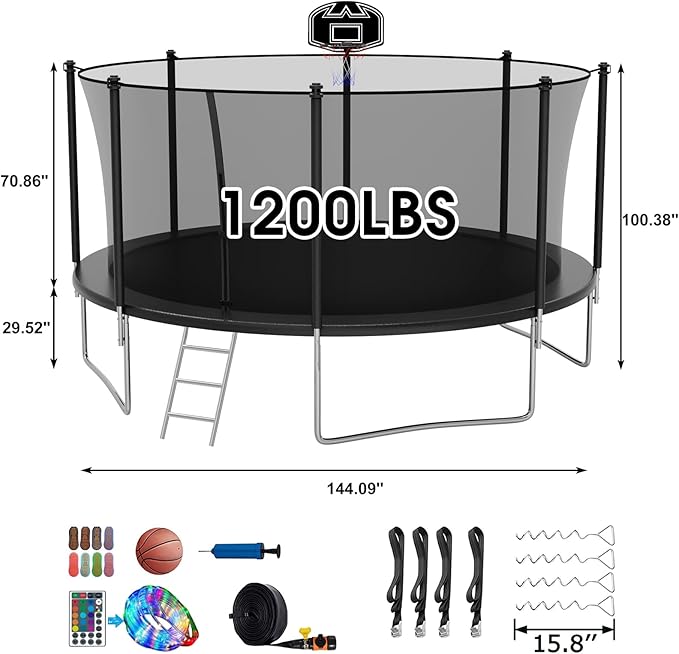 SKYUP Tranpoline 1500LBS 16 15 14 12 10 8 FT Tranpoline for 7-10 Kids and Adults, Windproof Outdoor Tranpoline with Enclosure Net, Basketball Hoop, Easy to Install & Last Long - ASTM Approved