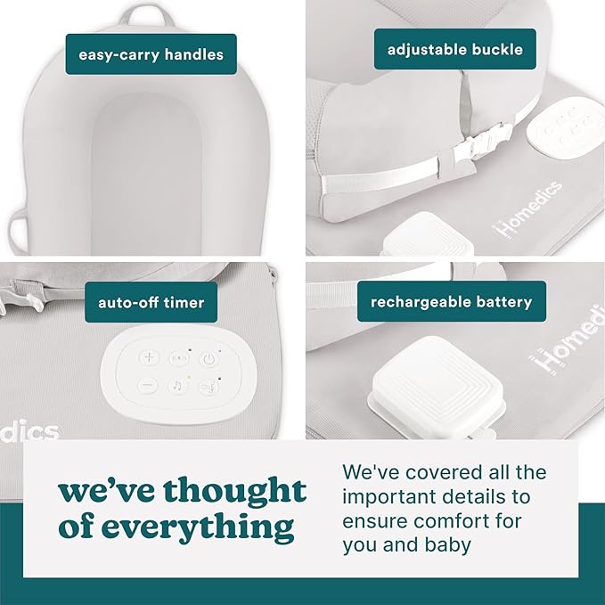 MyBaby 3-in-1 Calming Baby Cushion, Soothing Comfort for Newborns & Infants, Snuggling Sensation, Sound and Vibration, Designed for Safety, Rechargeable & Machine-Washable, by Homedics, Gray