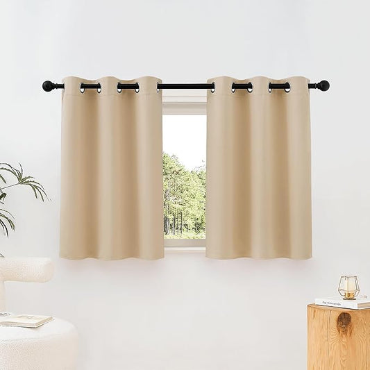 NICETOWN Beige Room Darkening Curtains Blackout 36 inch Curtains for Kitchen, Grommet Solid Window Treatments Sound Reducing for Bedroom, 2 Panels, W37 x L36, 2 Panels