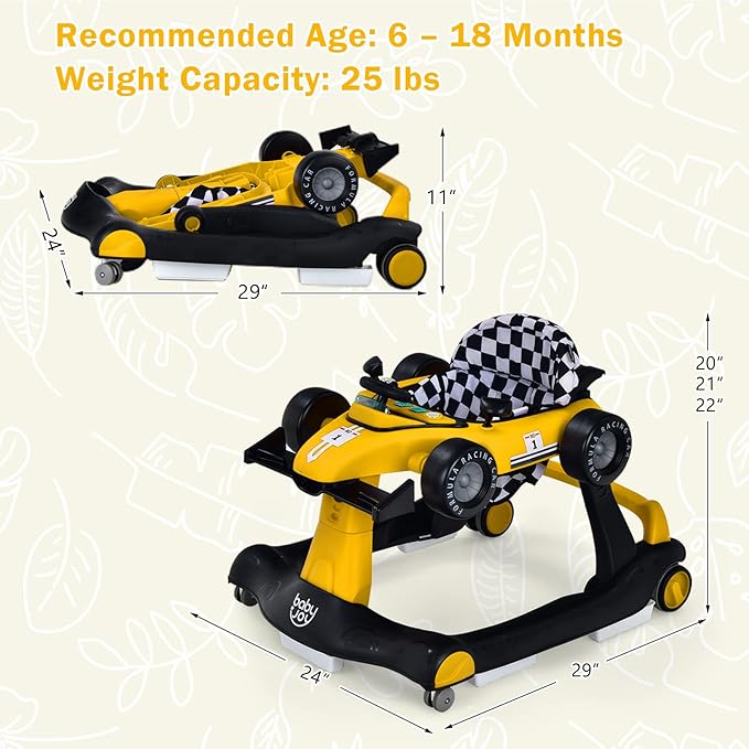 BABY JOY 4-in-1 Baby Walker, Foldable Activity Walker with Adjustable Height & Speed, Music, Lights, Anti-Rollover, Toddler Push Walker, Baby Walker with Wheels for Boys Girls 6-18 Months (Yellow)