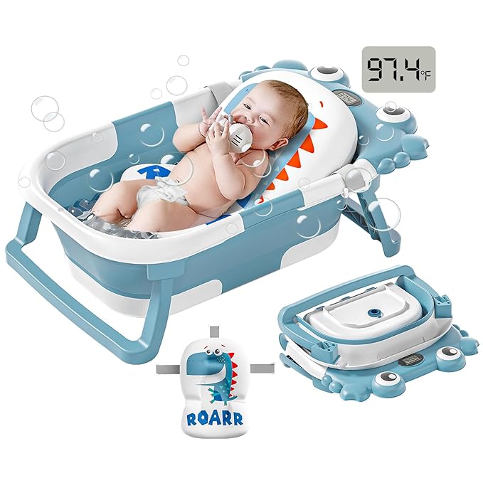 Collapsible Baby Bathtub for Newborns to Toddler with Real-time Temp Monitor & Floating Cushion,Portable Travel Tub for 0-36 Month, Foldable Baby Bath Tub for Infants Boy (Light Blue)