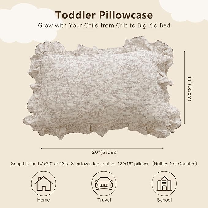 BuLuTu 100% Cotton Muslin Toddler Pillowcase with Ruffles Edges, Cute Rabbit Pattern Toddler Pillow Cover Soft Breathable Gauze Cotton Kids Pillow Cases for Boys,Girls, 1 Piece, 14"x20"