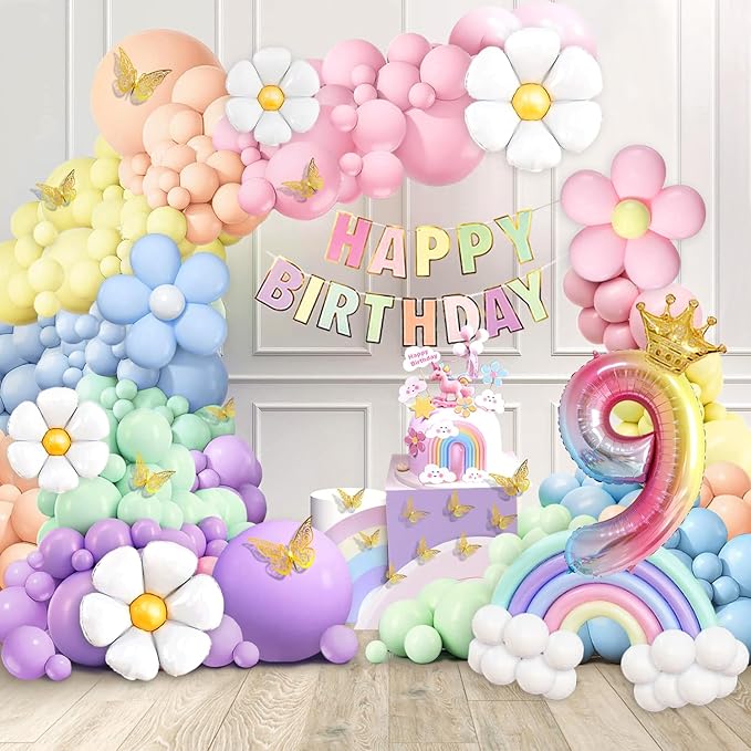 Pastel 219Pcs Daisy Balloon Garland Kit & Arch - 18 10 5 Inch Pastel Rainbow Balloons for 9th Birthday Girl