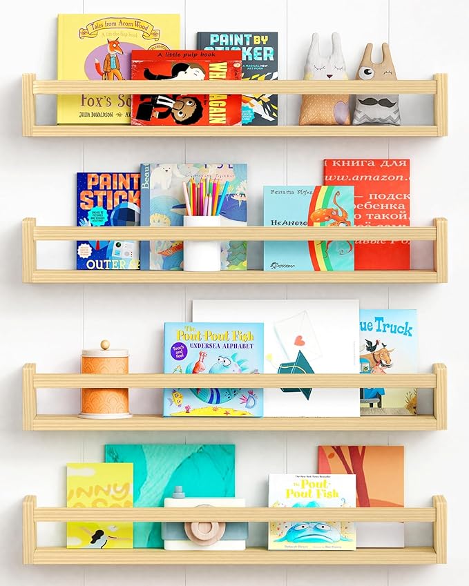 Forbena Natural Wood Nursery Bookshelves for Wall, 24 Inches Long Floating Book Shelves, Wall Mounted Bookcase for Baby Teen Girl Boy Kids Room Bedroom, Playroom Organizer, Bathroom Decor (4-Pack)
