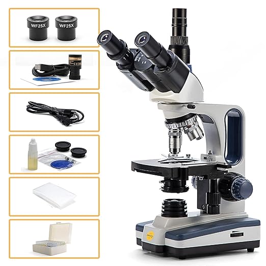 Swift SW350T Compound Trinocular Microscope,40X-2500X Magnification,Two-Layer Mechanical Stage,with 5.0 mp Camera and Software Windows/Mac Compatible and 5 PCS Prepared Slides and 5 PCS Blank Slides