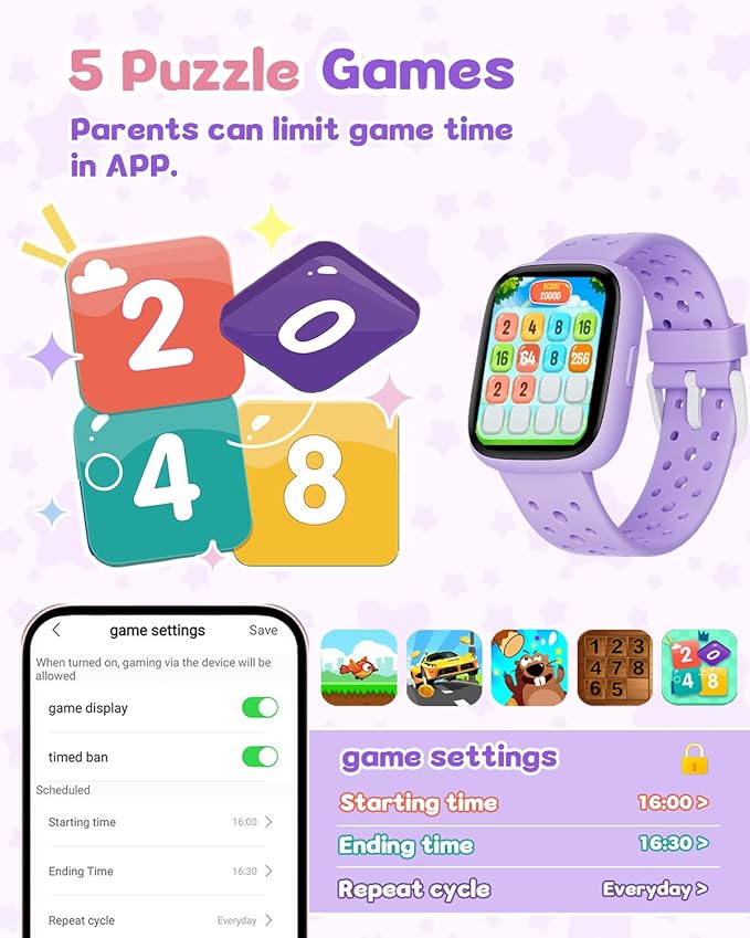 Kids Watch for Girls 5-12, Kids Smart Watch Fitness Tracker Pedometer, No Phone Needed, Puzzle Games with Parental Control, IP68 Waterproof, Heart Rate, Sleep Monitor, Step Counter, 80 Sports