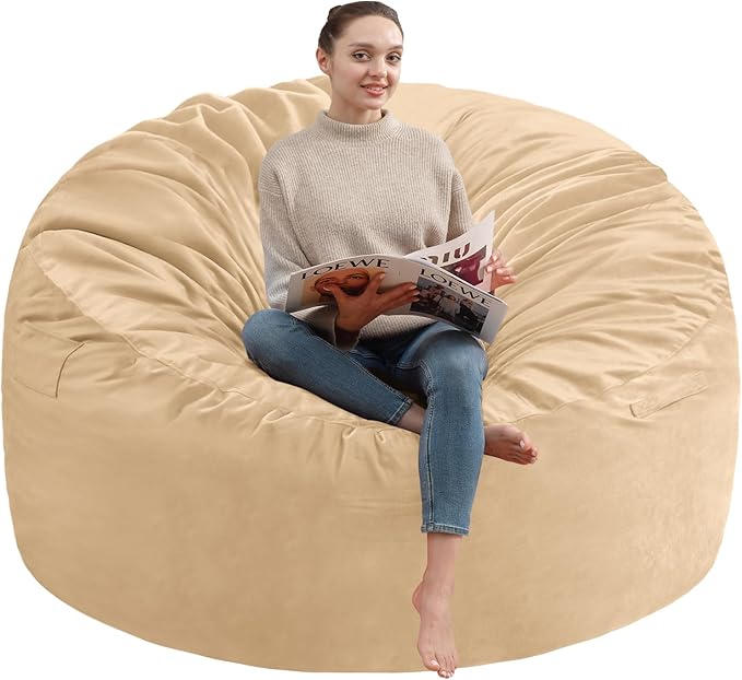 6FT Bean Bag Chair, Large Bean Bag Chairs with Memory Foam Filled, Fluffy Beanbag Sofa with Dutch Velvet Cover, Round BeanBag Chairs for Living Room, Playroom - Khaki