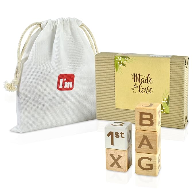 I'm Solid Wood Baby ABC Alphabet Milestone Age Blocks, Personalized Own Name, Gender Neutral, Newborn Gifts & Keepsakes for Picture Props (1.4" / 16 Pcs/Brown)