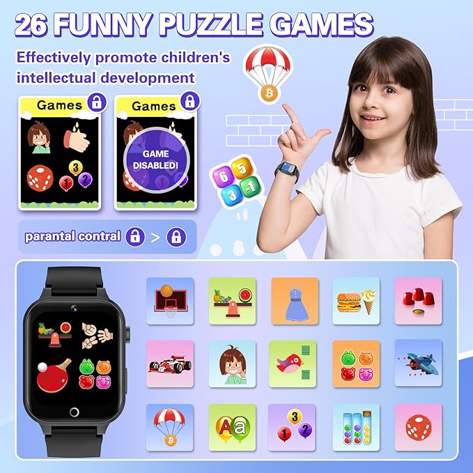 Vakzovy Kids Smart Watch for Kids with 26 Puzzle Games HD Camera MP3 Player Audiobook Video Pedometer Habit Tracking Learn Card Christmas Kid Smart Watch Boys Gift for 5-12 Year Old Toys