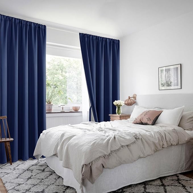 XWZO 100% Blackout Curtain Panels - Thermal Insulated Black Liner, Noise Reducing and Heat Blocking Rod Pocket Drapes for Hall and Studio Windows with Tiebacks, Navy Blue, W52 x L54, Set of 2
