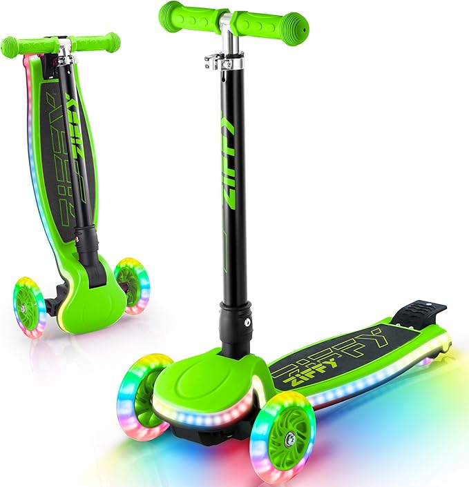 ZIFFY 3-Wheel Light-Up Kids Scooter, Kids Balance Scooter for Boys Girls with 20 Dynamic LED Lights, 4 Adjustable Height, Lean-to-Steer Design with Anti-Slip Wide Surface for Stability - Up to 110LBS