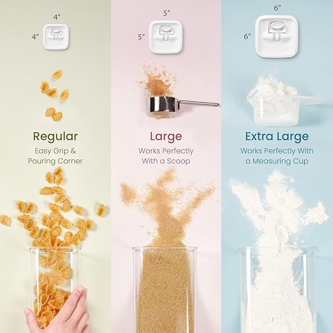 Felli Flip Tite Food Storage Containers With Lid 5" LARGE Airtight Ring Lock Flip Top, Square Acrylic Canister Jar for Rice Sugar Flour Protein Powder, Kitchen Pantry Organizer, Gift Set (1.8qt)