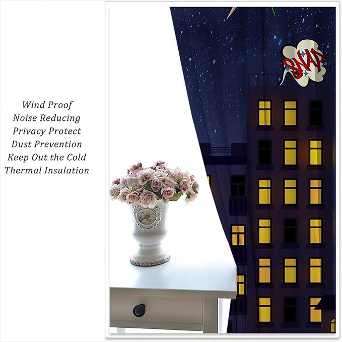 Super Hero Rod Pocket Blackout Curtains for Boy Girl Bedroom, Exploding City Starry Cartoon Skyline Thermal Insulated Home Window Drapes for Living Room Darkening, 72x63 inch