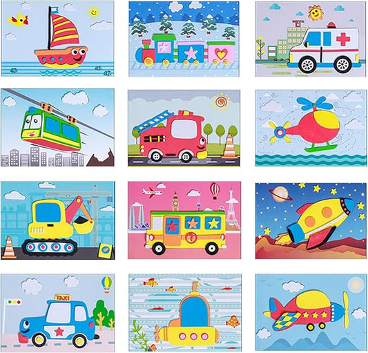 Lovyan 3D EVA Foam Stickers for Toddlers 12PCS Sticky Foam DIY Craft Preschool Art Class Drawing Sticker Puzzle Art Kit for Kids Boys Girls (Vehicles)