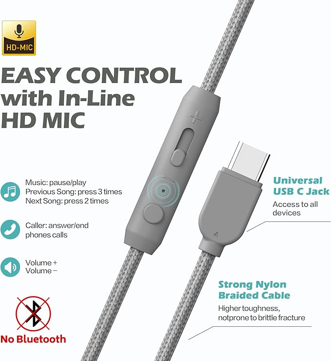 AILIHEN C8 Kids Headphones Wired USB C, USB-C Headphones with Microphone & Volume Control, Foldable Stereo Sound Tangle-Free Type C Cord, Compatible with Cellphone, Laptop, PC, Computer (Grey Mint)