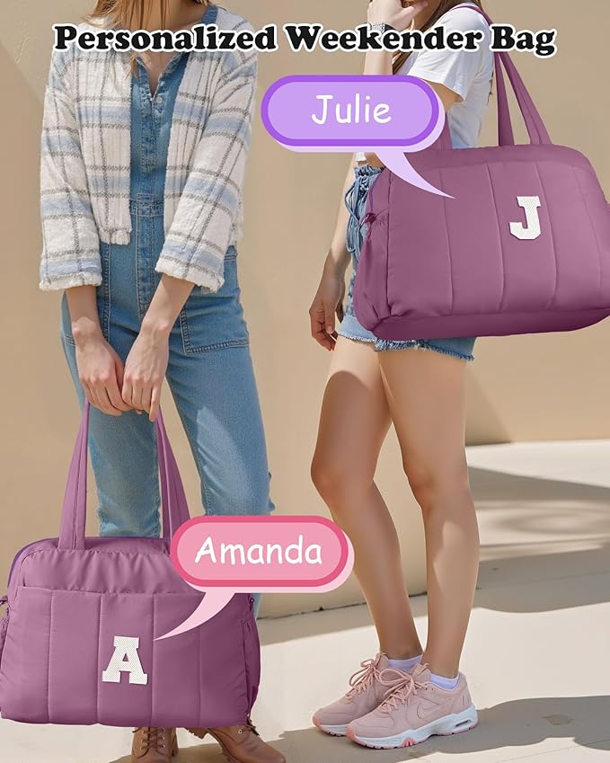 Duffle Bag with Initial, Spend The Night Bags for Women，Overnight Bag with Wet Pocket，Lightweight Stuff for Girls Travel Bags Personalized Gym Tote with Makeup Pouch