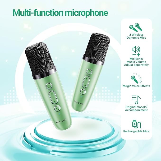Kinglucky Mini Karaoke Machine for Kids, 2025 TOP Birthday Gifts Ideas for 3-12 Year Old Girls, Christmas Party Gifts Kids' Personal Video Players Accessories with 2 Wireless Microphones - Green