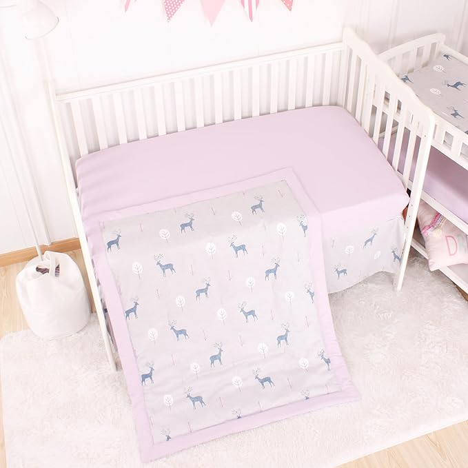 CaSaJa Baby 3-Piece Crib Bedding Set for Boys Girls, Including Soft Quilted Comforter(Blanket), Fitted Crib Sheet and Skirt, Soft Nursery Bedding Set Made of Silky Comfy Materials, Reindeer Forest