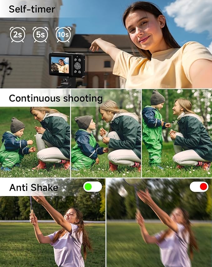 Digital Camera for Kids, FHD 1080P 44MP Point and Shoot Digital Camera with Face Detect, Smile Capture, 18X Zoom, 20 Filters, Anti Shake, 32GB SD Card Blcak Compact Vintage Camera for Kids Boys Girls