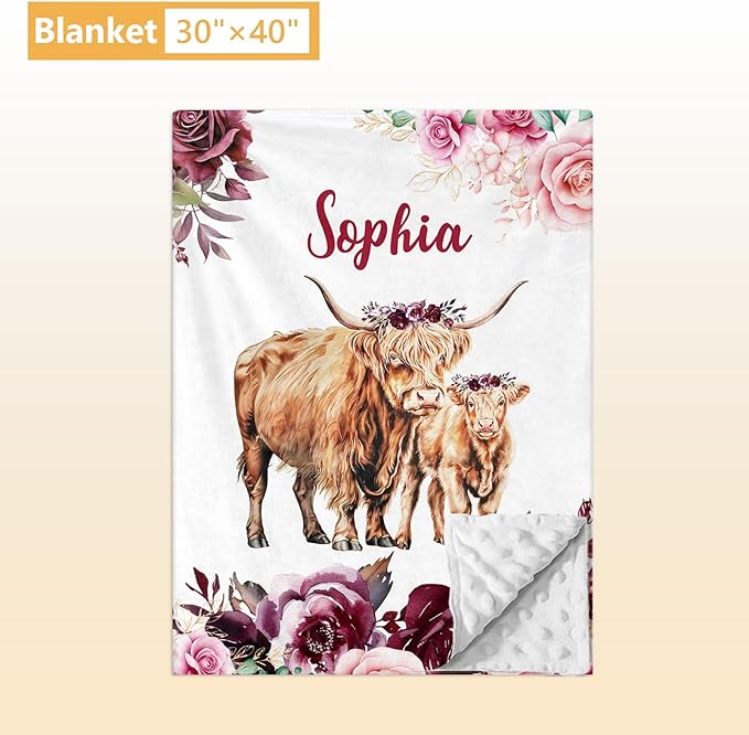 Custom Baby Crib Bedding Set, 5 Pcs Personalized Name Baby Crib Sets for Infant Toddler, Purple Highland Cow Nursery Bedding Set for Baby Girls, Double Layer Baby Bedding Sets Customized Gifts