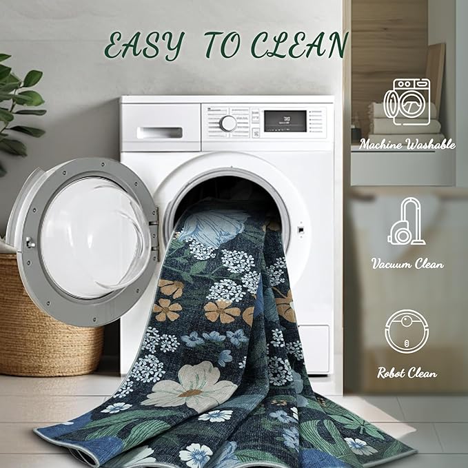 Area Rug Living Room Rugs: 6x9 Washable Rug Vintage Floral Soft Boho Non Slip Carpet Indoor Floor Non Shedding Low Pile Thin Carpets for Bedroom Dining Room Farmhouse Nursery Home Office Blue