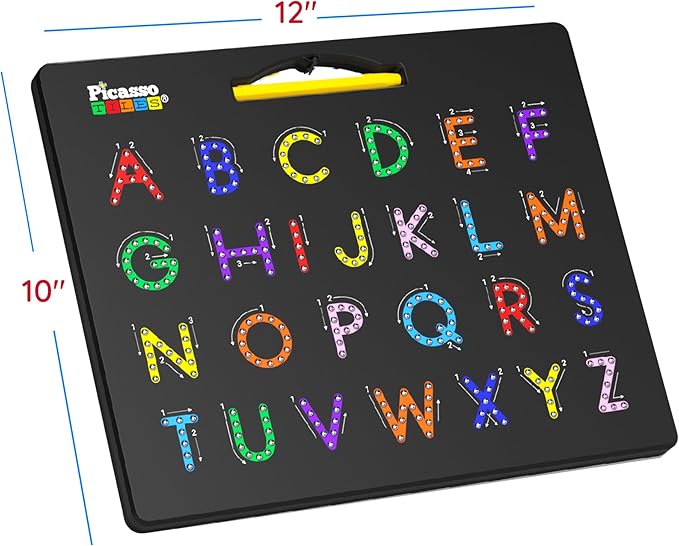 PicassoTiles Magnetic Alphabet Board 12x10 in Dual Sided Learning Pad with Upper and Lowercase Letter Tracing Stylus Pen Reusable Erasable Educational Toy Kids Preschool Montessori Writing Tool PTB03
