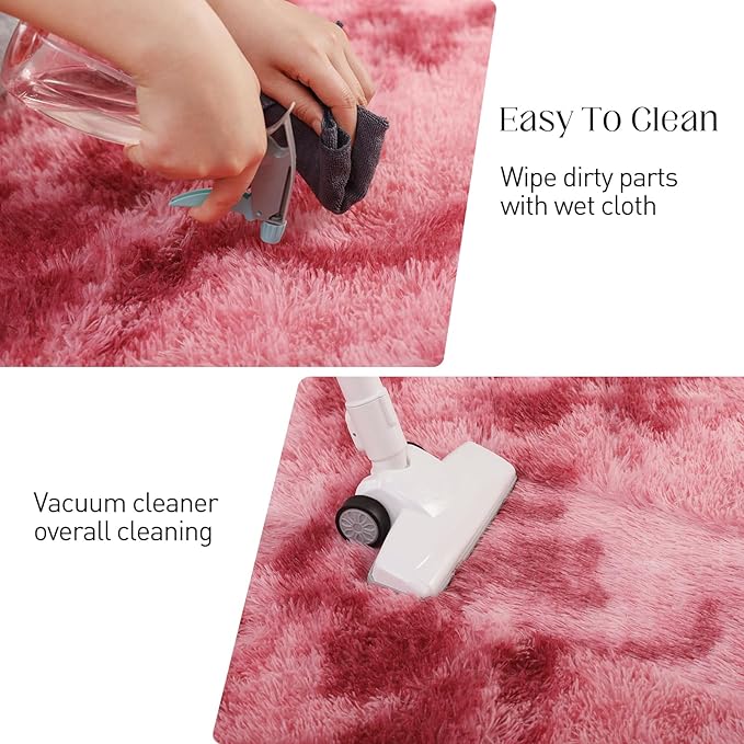 4x5.8 Area Rug, Fluffy Rugs for Living Room, Plush Carpet Rugs for Bedroom, Non-Slip Indoor Rug for Nursery, Study Room, Playroom, Home Decor, Tie-Dyed Dark Pink