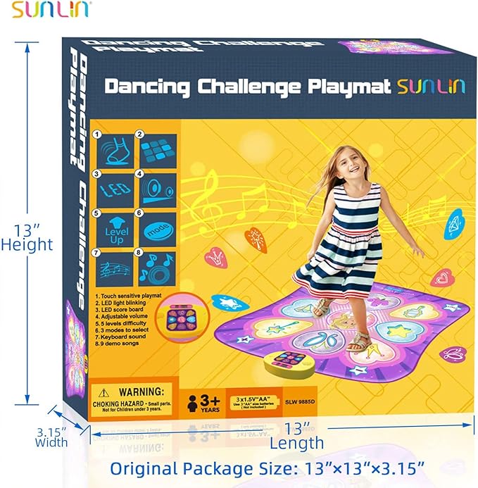 SUNLIN Dance Mat Toys for Girls Ages 3-10 | Dance Pad with LED Lights, Adjustable Volume, 9 Built-in Music, 7 Game Modes, 5 Challenge Levels | Christmas Birthday Gifts for 3 4 5 6 7 8+ Years Old Girl