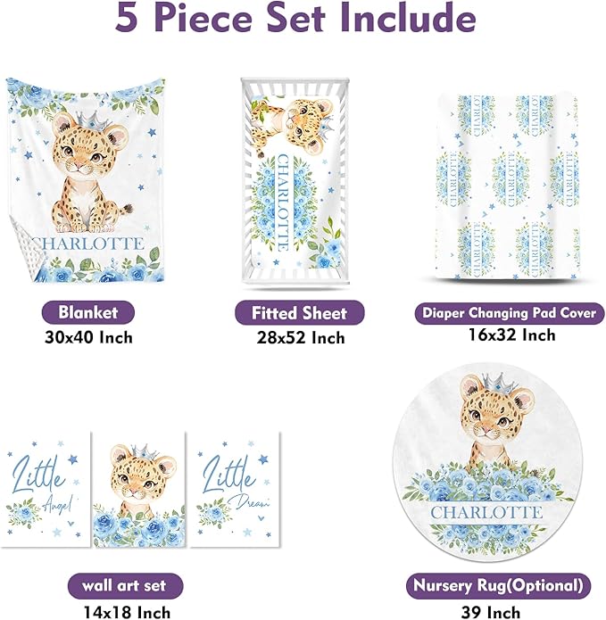 Personalized Nursery Crib Bedding Set: Custom Name Blue Floral 5 Piece Baby Crib Sets with Leopard Theme - Toddler Double Layer Blanket Set, Comfortable Crib Bed Sheets for Baby Grils