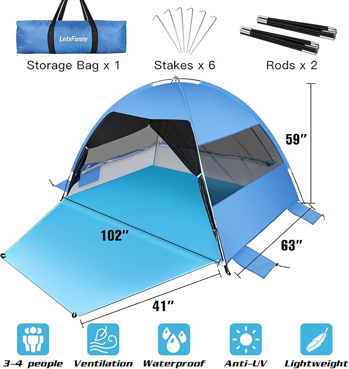Large Easy Setup Beach Tent,Anti-UV Beach Shade Beach Canopy Tent Sun Shade with Extended Floor & 3 Mesh Roll Up Windows Fits 3-4 Person,Portable Shade Tent for Outdoor Camping Fishing