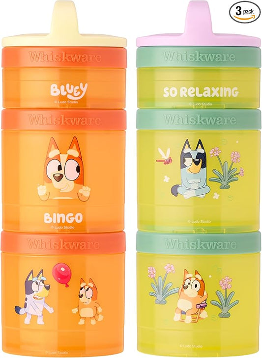 Whiskware Bluey Stackable Snack Containers for Babies, Toddlers, and Kids, Durable Food Storage Containers for Daycare, Car, and Airplane Travel, Formula Friendly, Bluey and Bingo (Pack of 2)