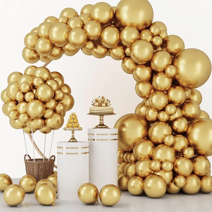 RUBFAC 129pcs Metallic Gold Balloons Different Sizes 18 12 10 5 Inch, Latex Balloon Garland Arch Kit for Party Graduation Wedding Holiday Happy Birthday Decoration