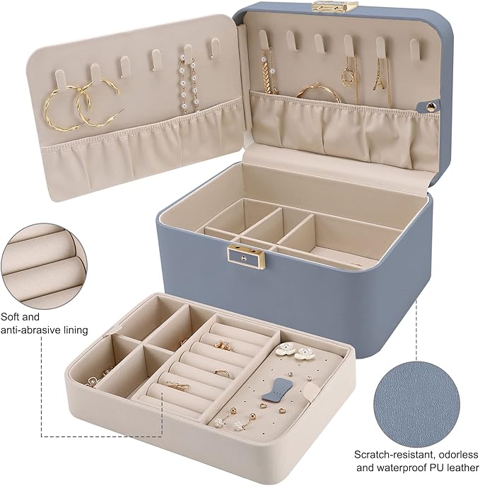 KAMIER Jewelry Organizer Box, 2 Layers PU Leather, Large Capacity, Double Lock and Large Mirror, Hidden Necklace Hooks, Removable Dividers, Gift Box Packaging,Bluish Grey